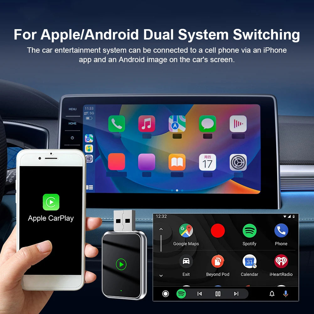 2 in 1 Wireless CarPlay Android Auto Adapter Wireless CarPlay Adapter Plug & Play Mini Carplay&Auto Box Dongle for Factory Wired